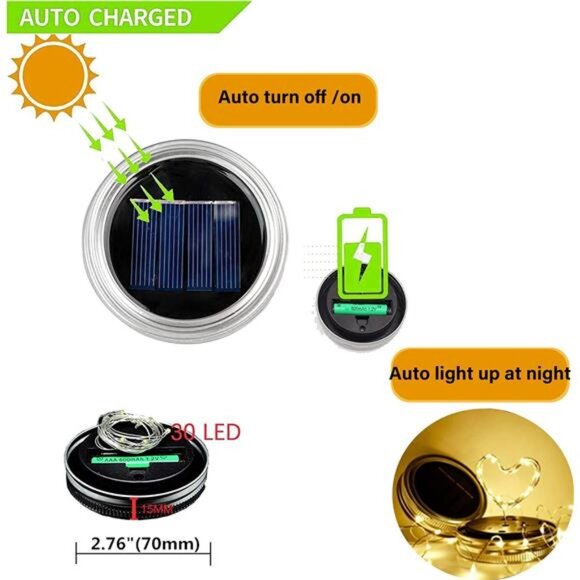 12 Pack Solar Mason Jar Lid Lights - 30 LED Firefly Fairy...